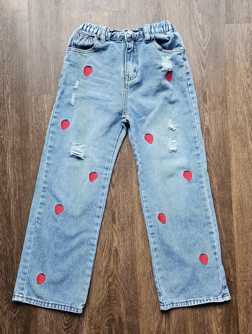Girls Size 12 Jeans Embroidered Strawberry Hearts Patches Stretchy Waist